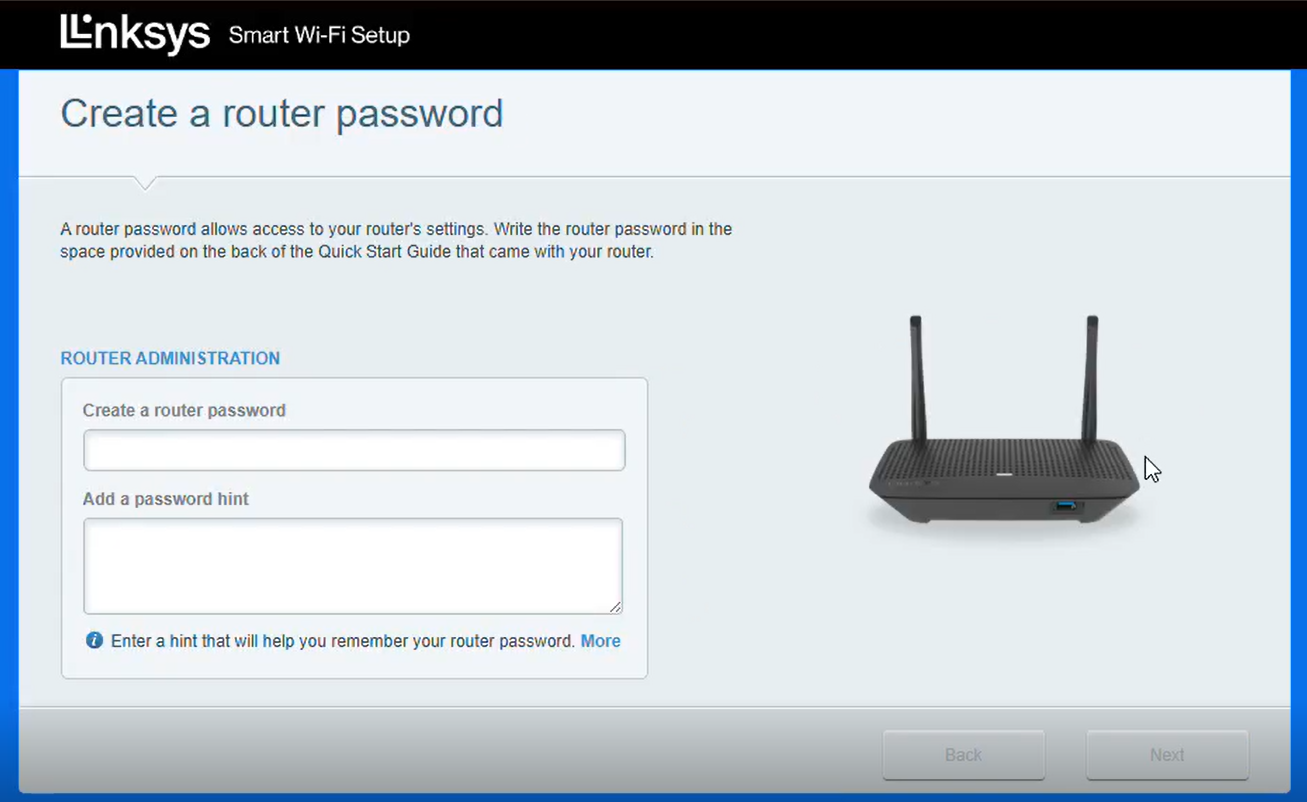 Create a router admin password, add a hint, and then click Next
