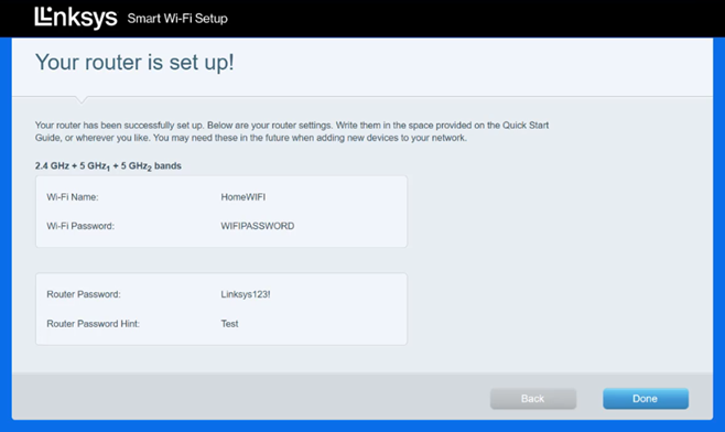 Write down your new router settings for future reference, and then click Next
