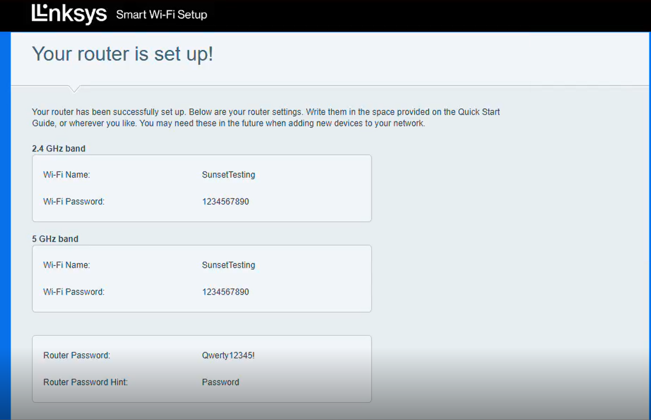 Write down your new router settings for future reference, and then click Next
