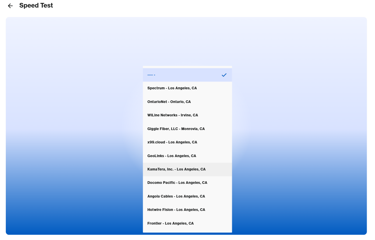 An illustration of the Speed Test to select a server