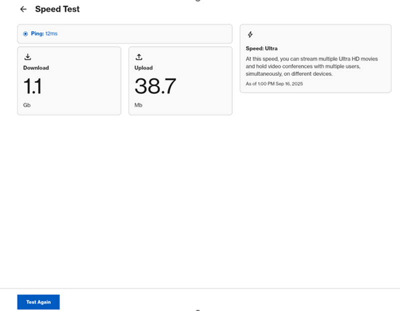 An illustration of the Speed Test section where it shows the Download and Upload speed