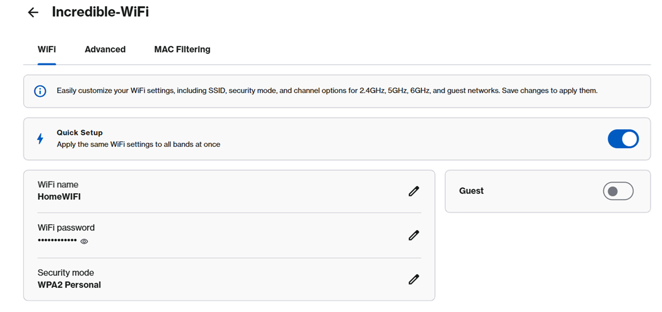 An image of the Incredible-WiFi section of the Linksys Now web interface