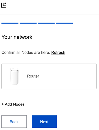 A prompt to click Refresh, +Add Nodes, Back, on Next