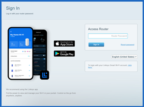Linksys Smart WiFi log in section
