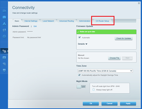 Connectivity section showing CA Router Setup tab