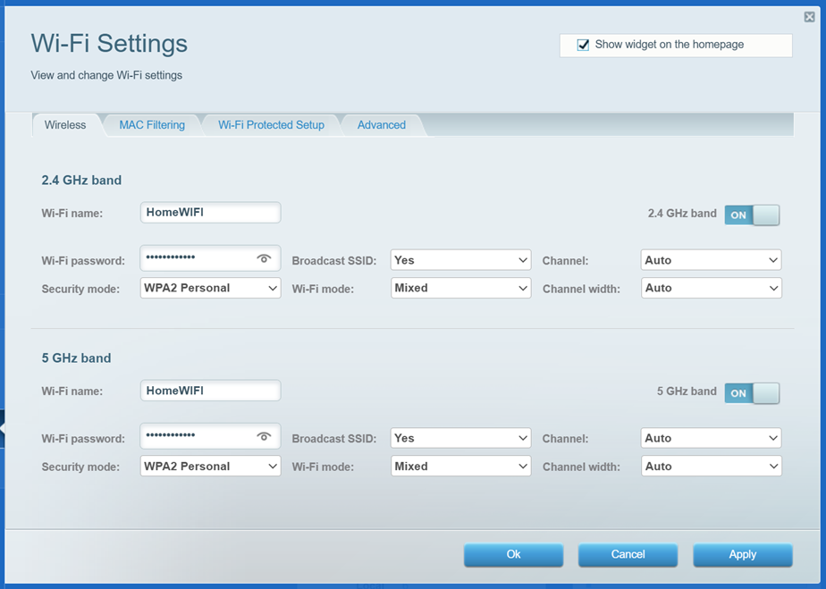 WiFi Settings page