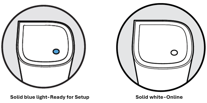 Solid blue light (Ready for setup); Solid white (Online)