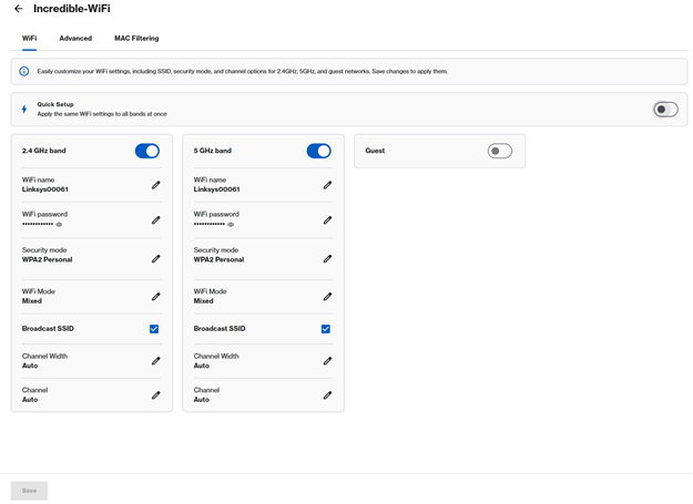 An image of the Incredible-WiFi section of the Linksys Now web interface