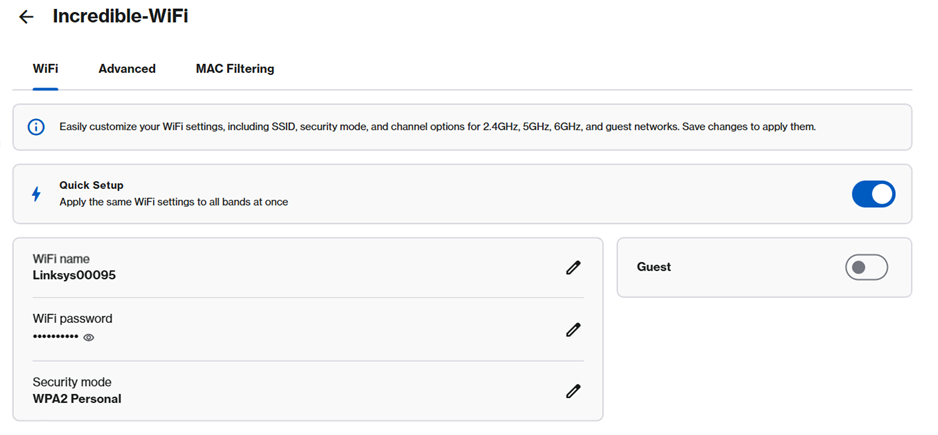 An image of the Incredible-WiFi section of the Linksys Now web interface