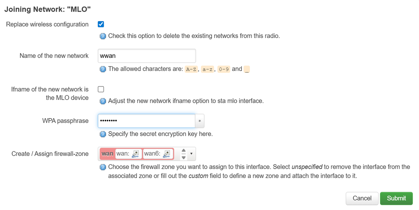 Put the password in the WPA passphrase field and hit Submit