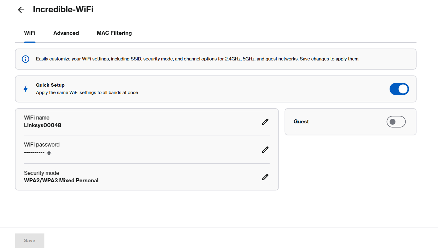 An image of the Incredible-WiFi section of the LinksysNow web interface