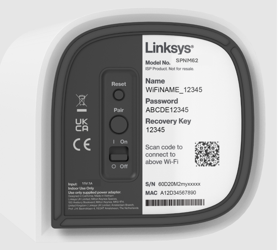 Wi-Fi credentials label and QR code on router bottom